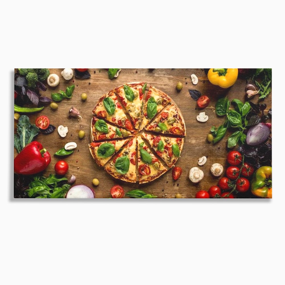 Tablou canvas cu tablou canvas cu pizza si legume, fara rama, pe sasiu de lemn